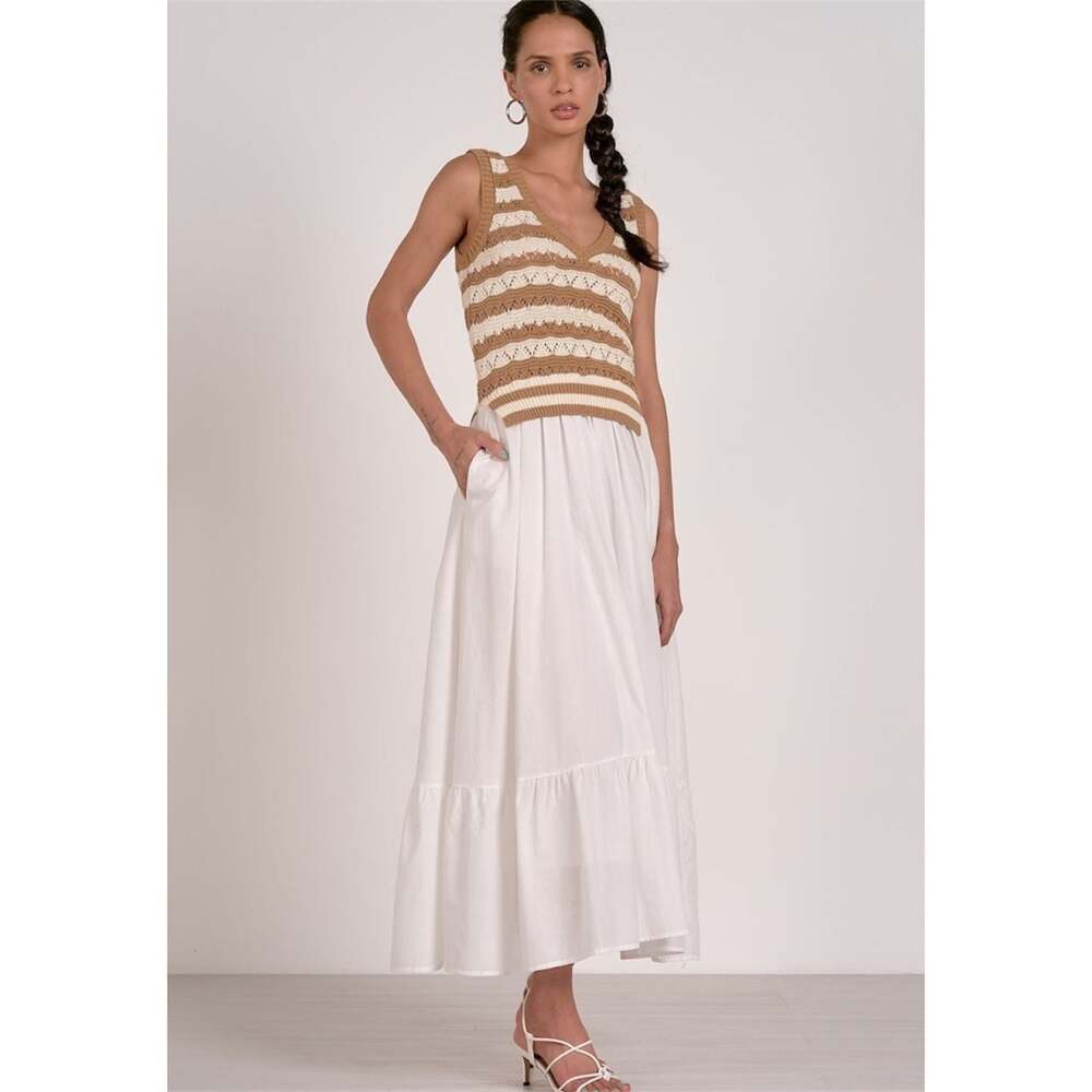 NWT Elan Mixed Media Crochet Knit & Linen Midi Dress